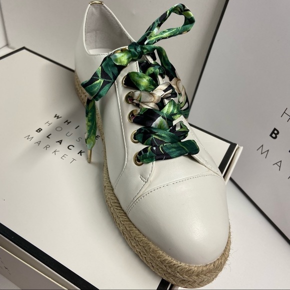 White House Black Market White Espadrille Sneakers with Green Tropical L… - Picture 12 of 14